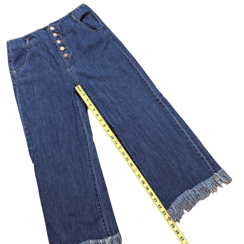 Risen Womens Size 28/7 Button Fly High Rise Cropped Fringe Wide Leg Blue Jeans - Picture 6 of 12